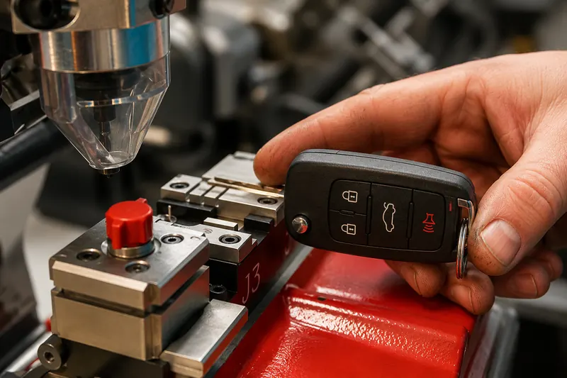 Car key with remote head on a workbench
