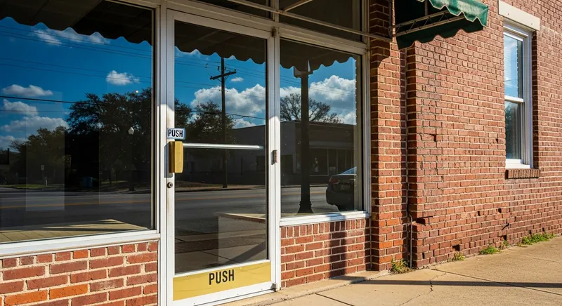 American small-town brick storefront with brass push bar door