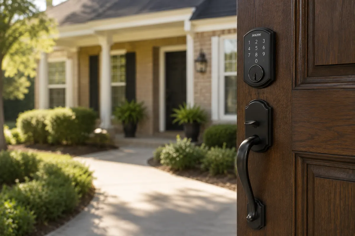 Brick suburban home with a Schlage keypad deadbolt and dark wood front door