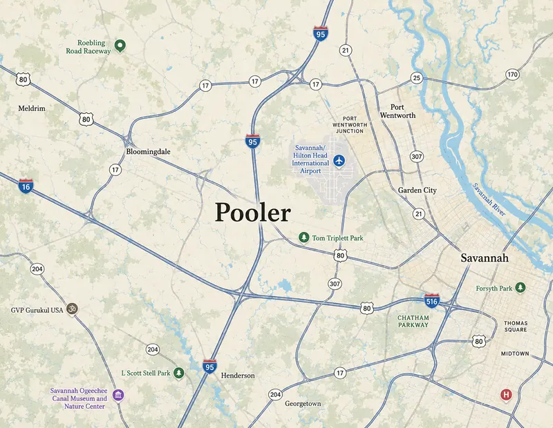 Map of Pooler, GA showing Bloomingdale, Garden City, Port Wentworth, Savannah, and the Savannah / Hilton Head International Airport