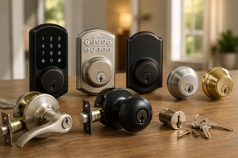 Hand installing a deadbolt on a wooden front door